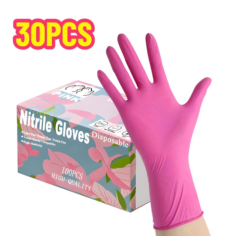 30pcs Pink Disposable Nitrile Gloves for Home Use, Powder-Free and Durable for various tasks.