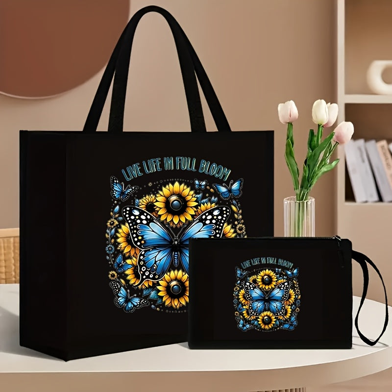 Set includes 2 floral and butterfly print tote bags with matching wallet, made of durable canvas material. Features magnetic snap closure and foldable design for shopping and travel, with