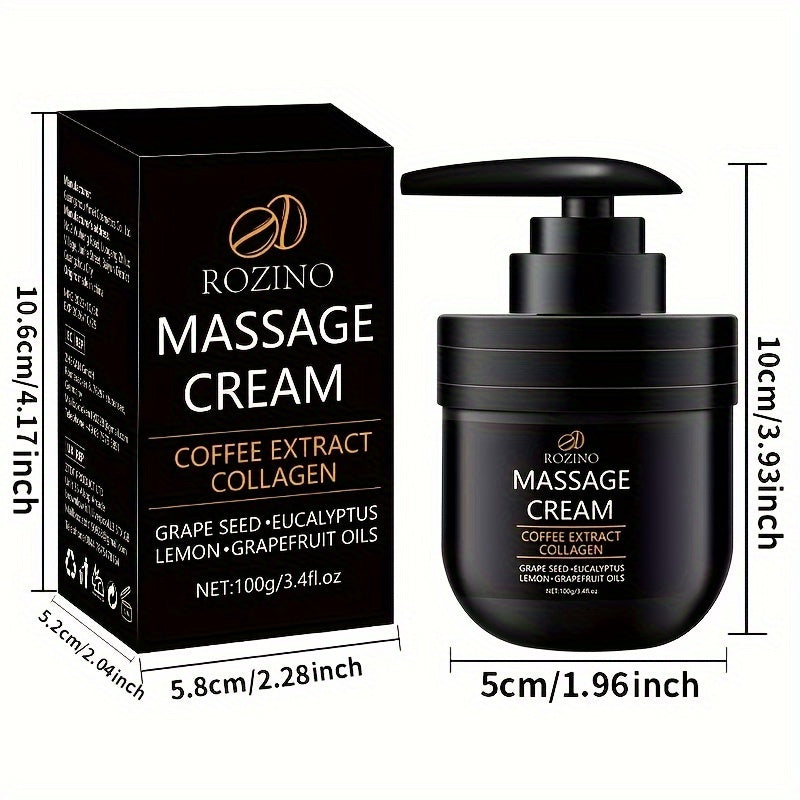 ROZINO Massage Cream with Coffee Extract Collagen, Grape Seed, Eucalyptus, Lemon, and Grapefruit Oils moisturizes, brightens, and nourishes skin.