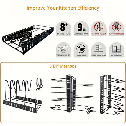 8-Tier Heavy-Duty Iron Pot Rack Organizer with Rust-Resistant Coating, Anti-Slip Layers, Space-Saving Design for Home and Restaurant Use.