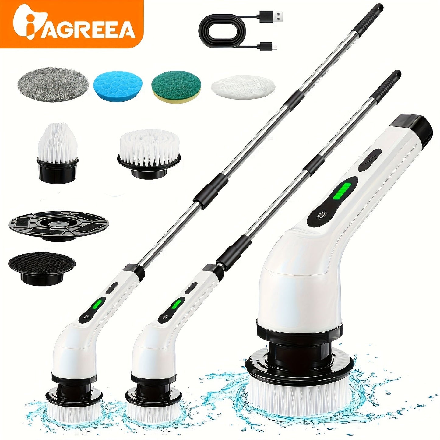 The electric cleaning brush features a rotary floor scrubber, wireless design, and 8 replaceable brush heads. With an adjustable extension handle and 360-degree rotation, this cordless cleaning brush is perfect for bathrooms and bathtubs. It includes a