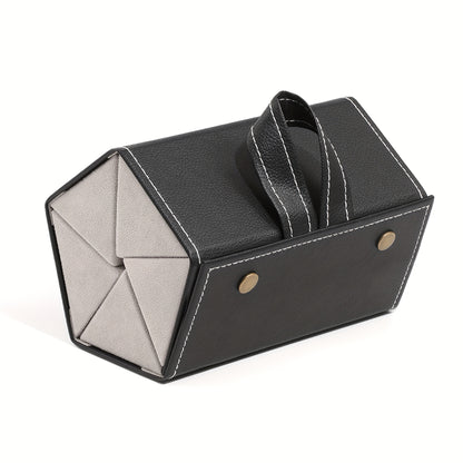 Faux leather folding glasses case with 5 slots and snap closure.