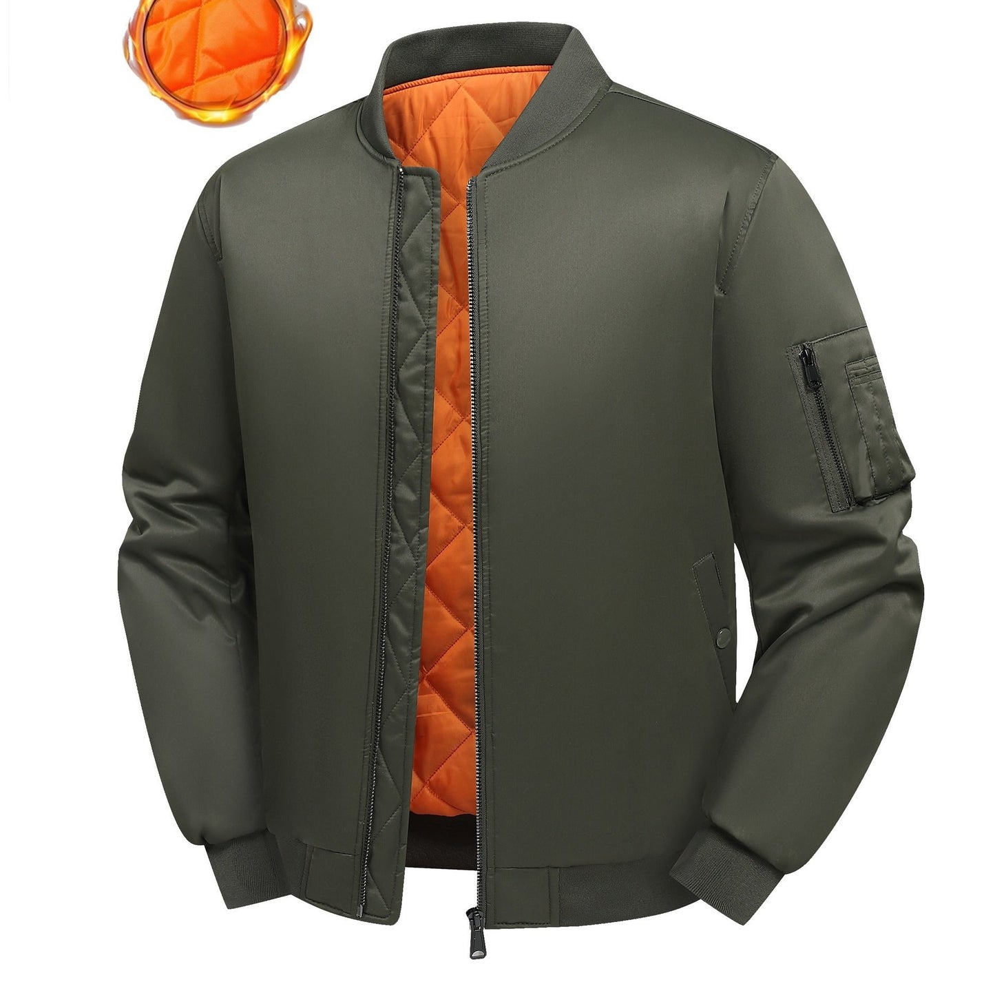 Men's plus size bomber jacket with preppy style, solid color, zipper details, baseball collar, and polyester filling. Made of non-stretch woven fabric with regular fit and length.