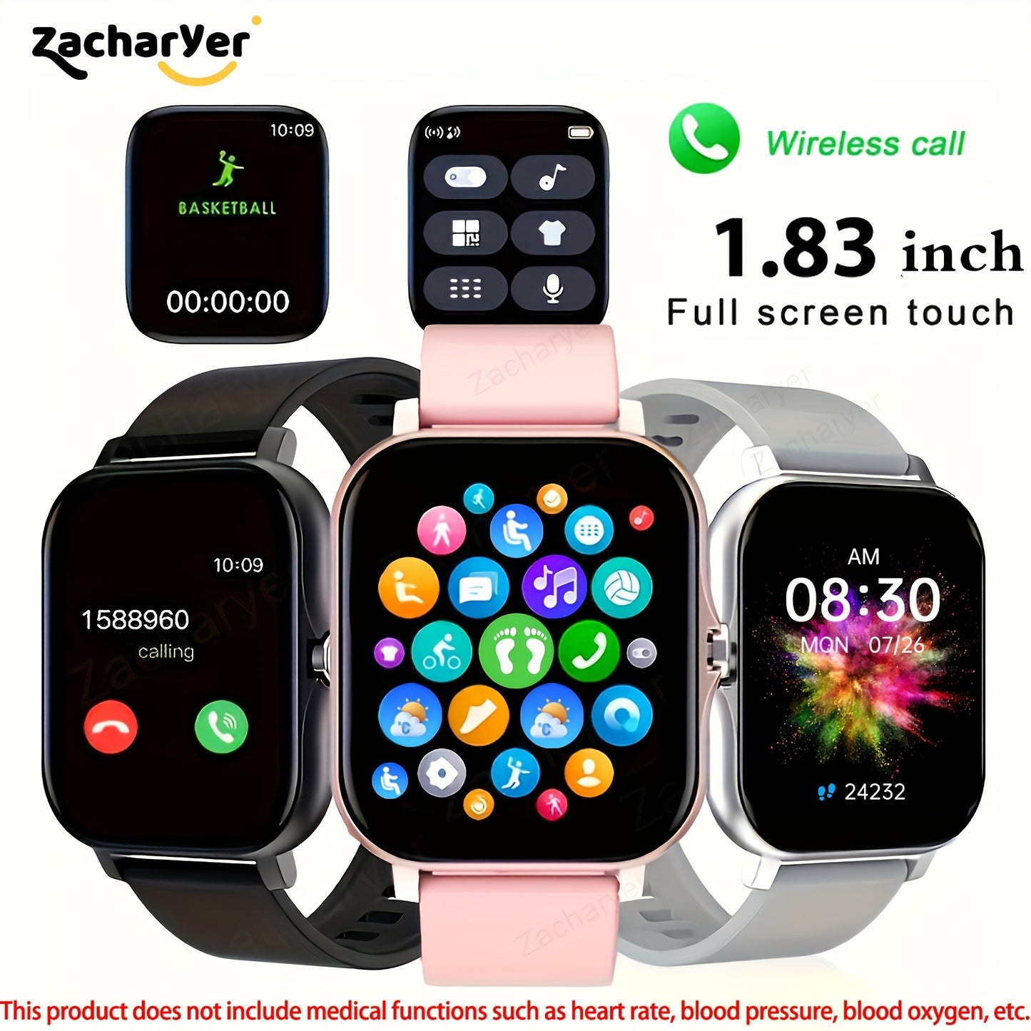 Zacharyer Smartwatch uniseks, turli sport rejimlarini qo'llab-quvvatlaydi va Android hamda iPhone bilan ishlaydi.