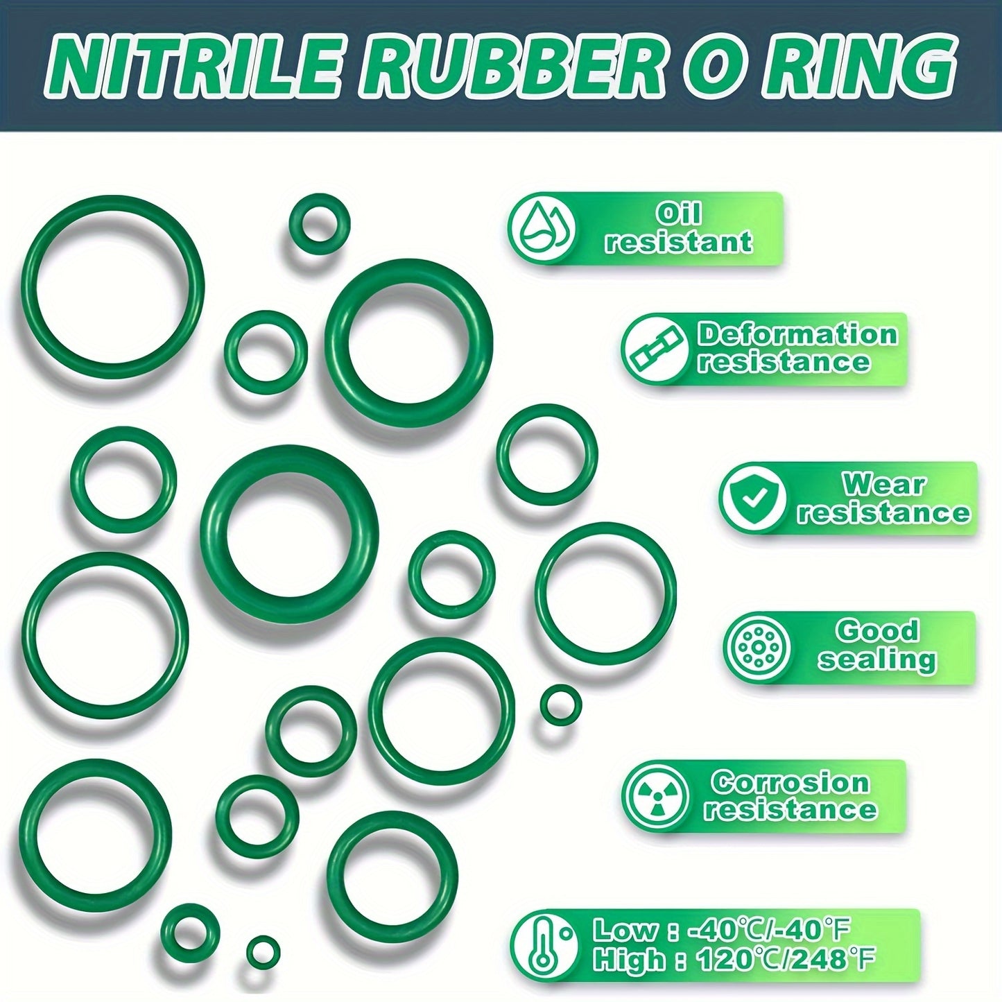 595-piece kit for repairing car air conditioning, compressors, and professional faucet pipe seals with Metric and SAE O-rings.