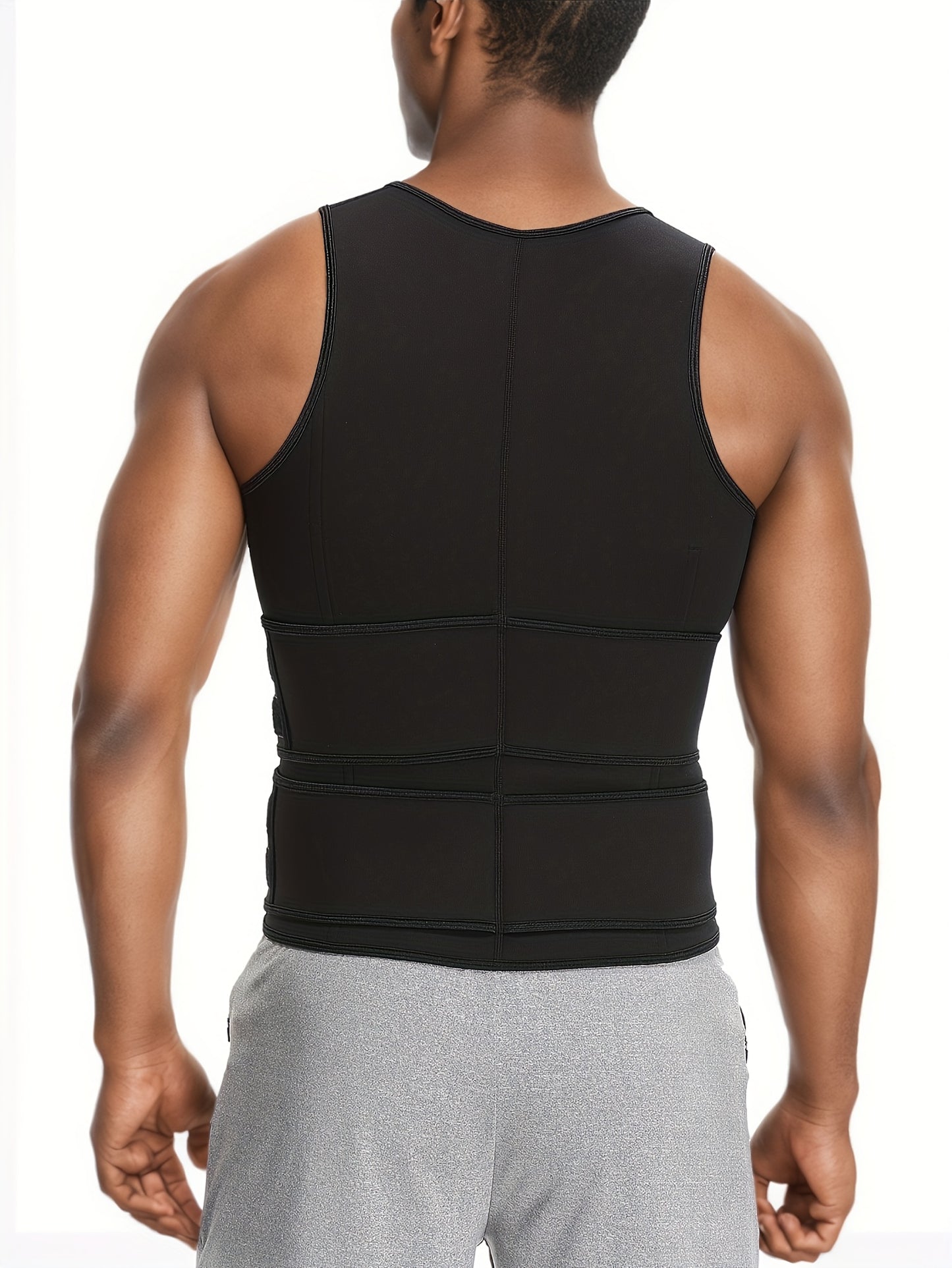 Sleeveless men's workout tank top with zip-up design and waist trainer made of breathable polyester blend, perfect for running and fitness.