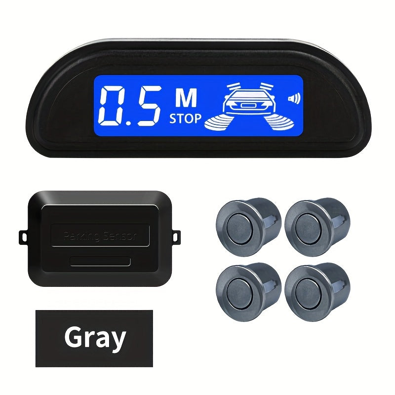 Car Reversing Radar with 4 parking sensors, LED display, sound indicator, 8 colors, and reverse parking assistance.