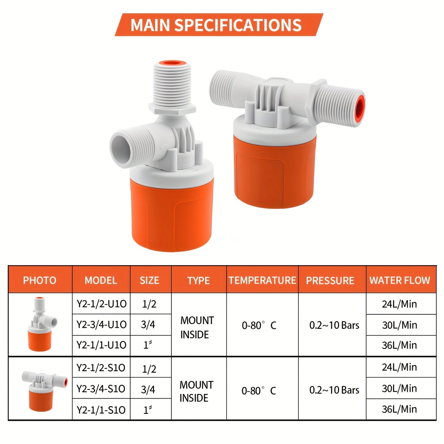 To'liq avtomatik suv darajasini boshqarish suyuqlik klapan, suv tanki, hovuz va suv minorasi uchun mos, elektr energiyasi talab qilinmaydi. 

- Mini suzuvchi klapan 1/2", 3/4" va 1" to'xtatish va avtomatik to'ldirish uchun