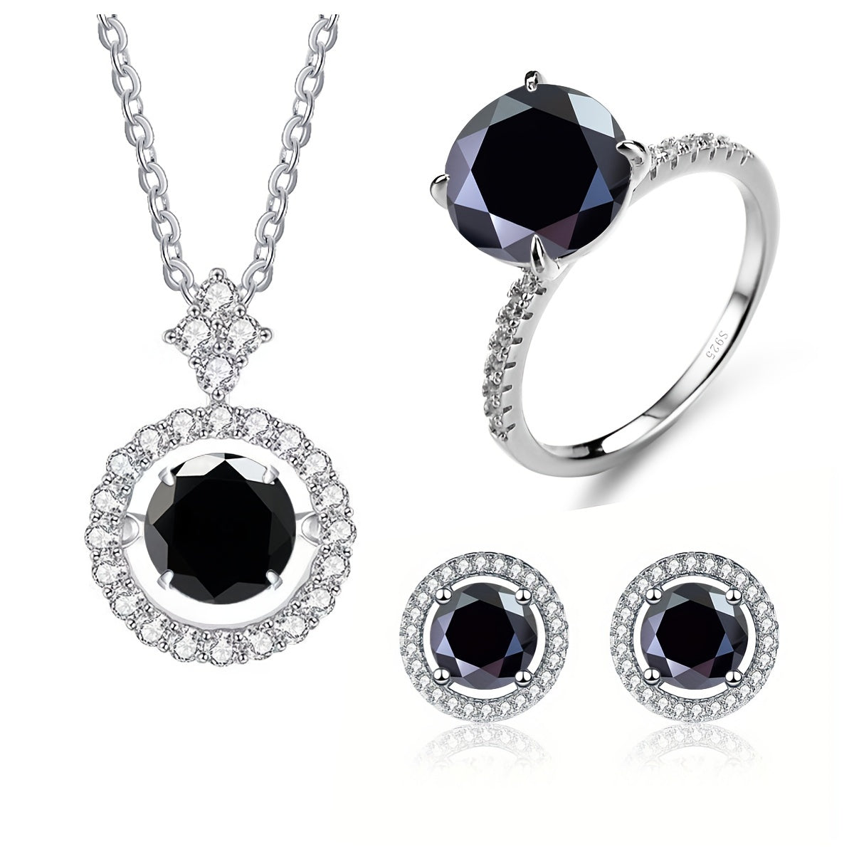 Set of 4 Moissanite Earrings (1ct each)*2, 1ct Moissanite Ring, and 3ct Moissanite Necklace in 925 Sterling Silver. Available in Multiple Colors with Gift Box