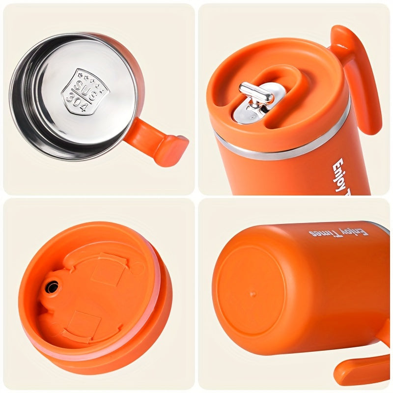 Stylish stainless steel coffee mug with straw, handle, perfect for office, reading, camping. Available in orange, light blue, cream, ideal for drinking coffee or tea.