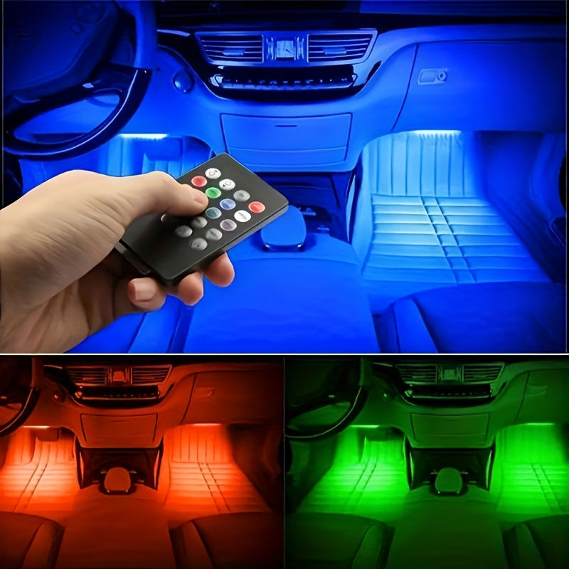 LED car interior lighting kit with music sync, USB-powered, ideal for parties and festivals, fits most vehicles.