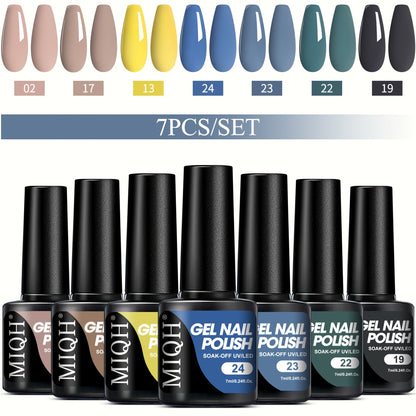 7-piece gel nail polish set in black, white, and nude shades. Semi-permanent, soak off UV/LED varnish. Unscented for hands, feet, and nails.