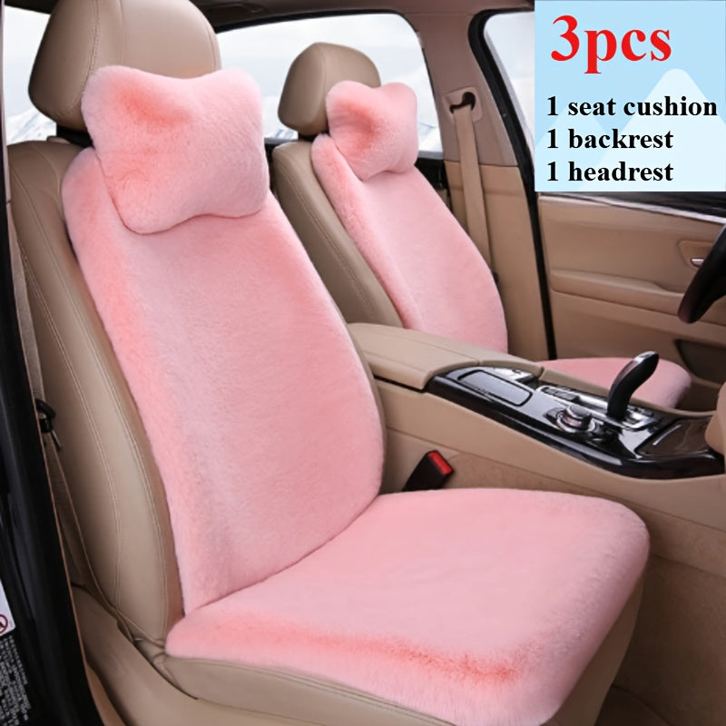 3-piece plush pink car seat cover set for front row with cushion, backrest, and neck pillow, perfect for winter comfort.