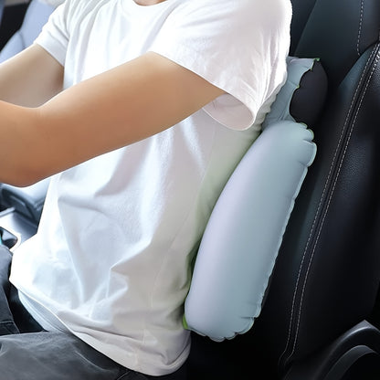 Inflatable travel waist pillow for lumbar back support during long journeys by air, car, bus, train, or in office or home.