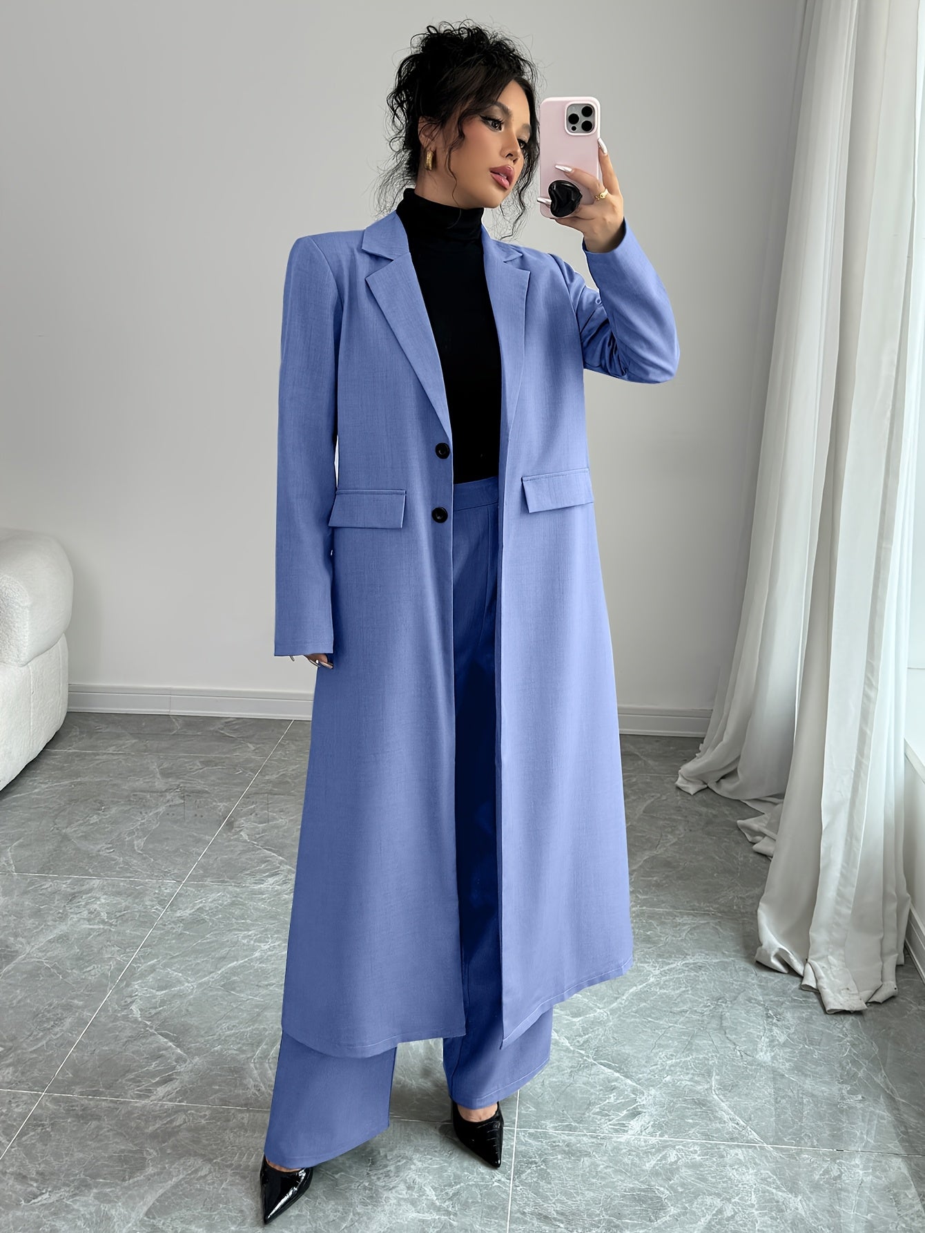 Women's straight-leg suit pants set with long blazer, notched lapel, and solid color polyester outfit for spring/autumn - machine washable.