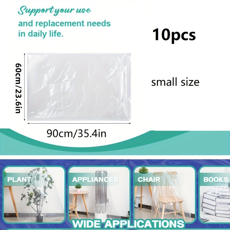 This pack includes 10 large transparent storage bags that are dustproof, waterproof, and moisture-proof. They are perfect for packing clothes, moving, storing luggage, blankets, chairs, bicycles, and large plush toys. Each bag measures 80.01cm x 114.3cm.