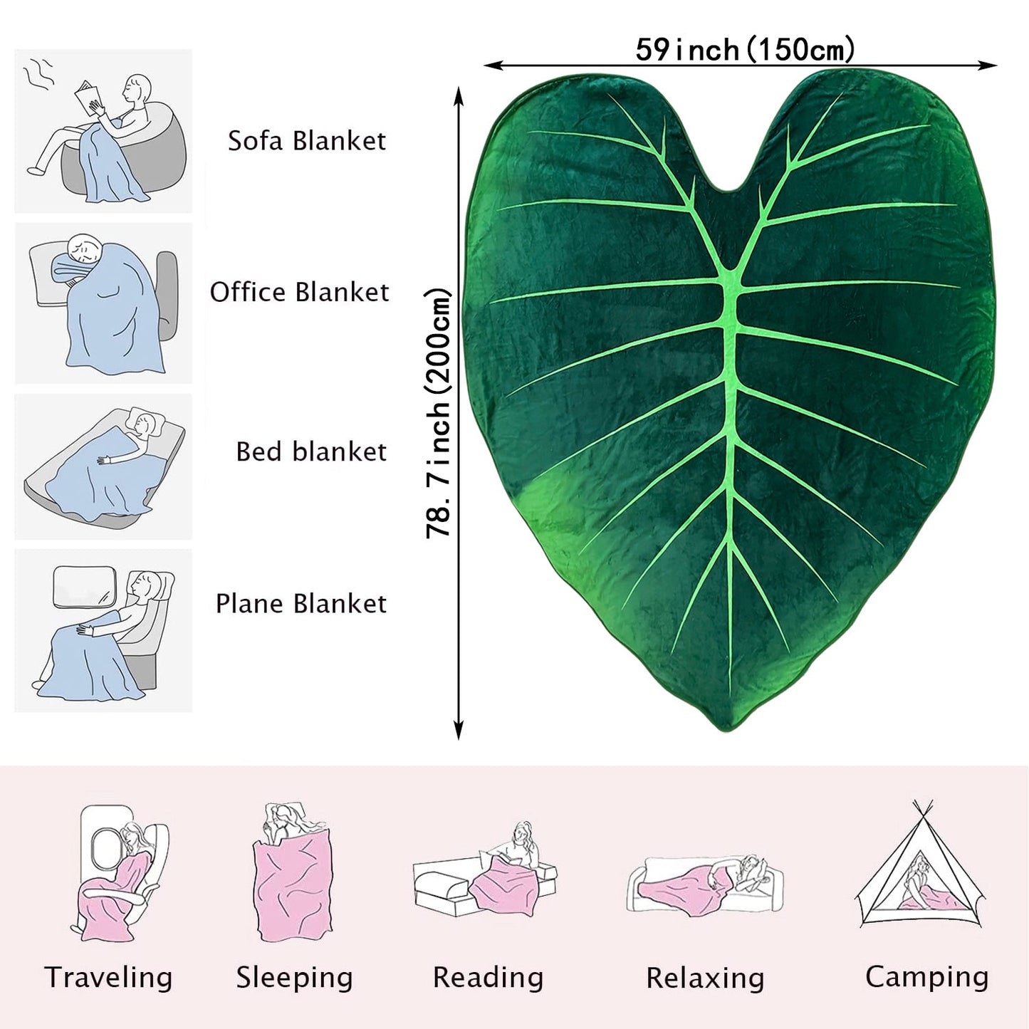 Green leaf-shaped blanket with warm and cozy feel - perfect for couch, bed, and sofa. Features high-definition digital printing.