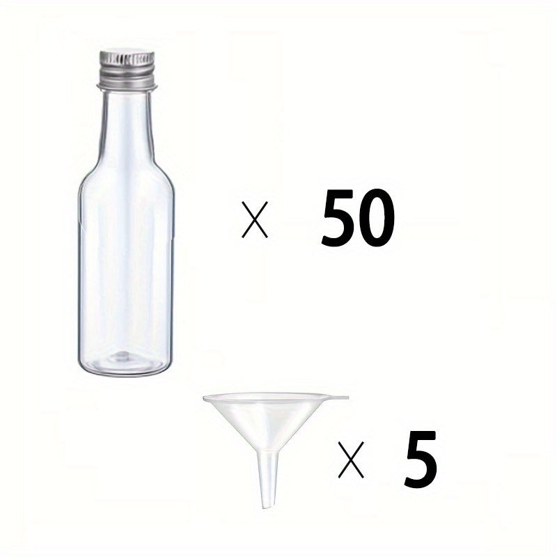 Choose from sets of 25, 50, or 100 mini liquor plastic bottles with lids and funnels, each holding 1.7oz/50ml. These compact, reusable, and leak-proof containers are perfect for cocktail parties, weddings, and gift baskets. Includes bottles for ginger