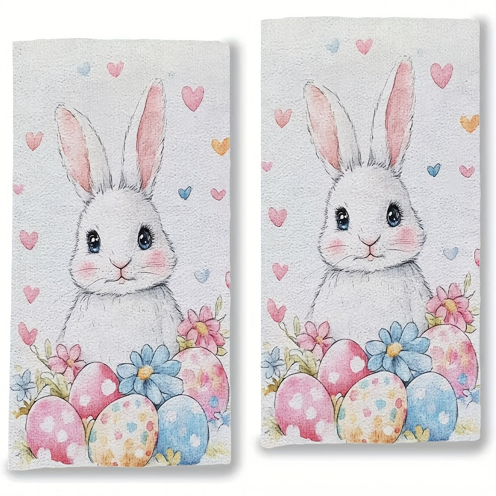 Set of 2 Ultra Soft Kitchen Towels featuring Bunny, Eggs, and Flowers Design. Highly Absorbent Dish Hand Towels perfect for Holiday Decor. Machine Washable, 16x24 Inch. Item number: 2KYSYS1225045