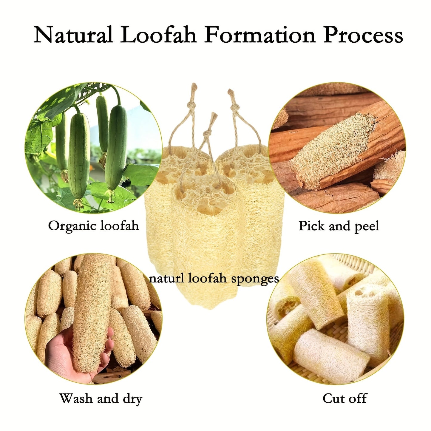 A set of four natural loofah sponges made from wood pulp fiber. These rectangular sponges are lightweight and made from non-woven fabric, making them reusable for various purposes such as bathing, spa treatments, skincare, kitchen cleaning, dishwashing