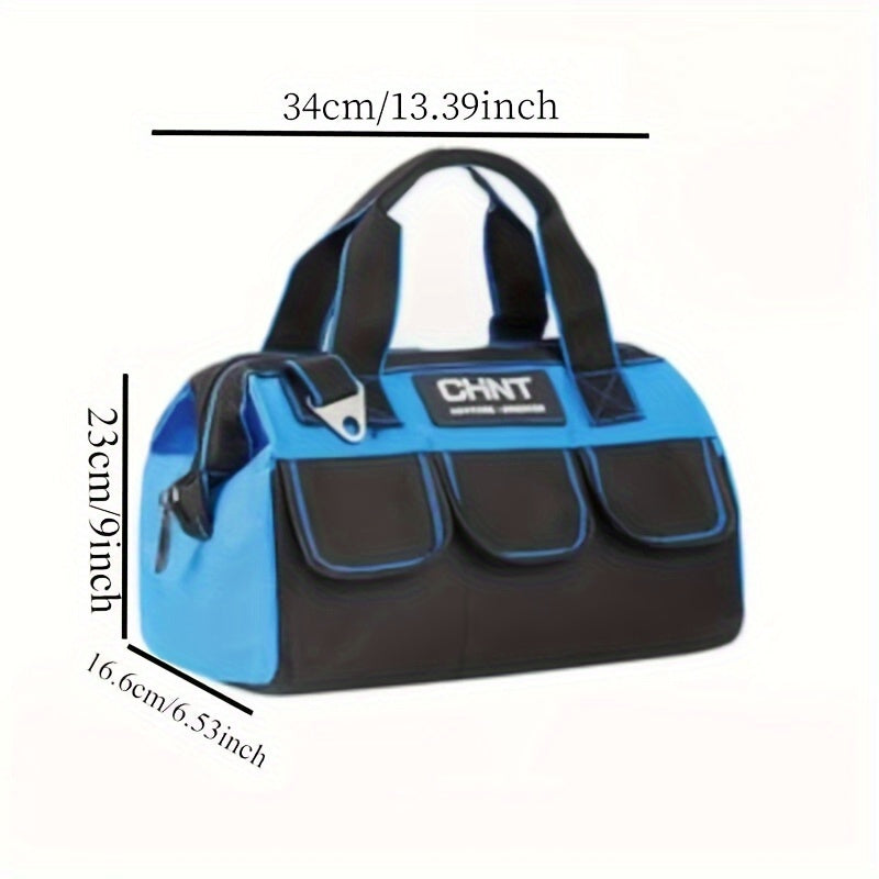 Large tool bag made of heavy-duty thick canvas for electricians and air conditioning repair with shoulder strap.