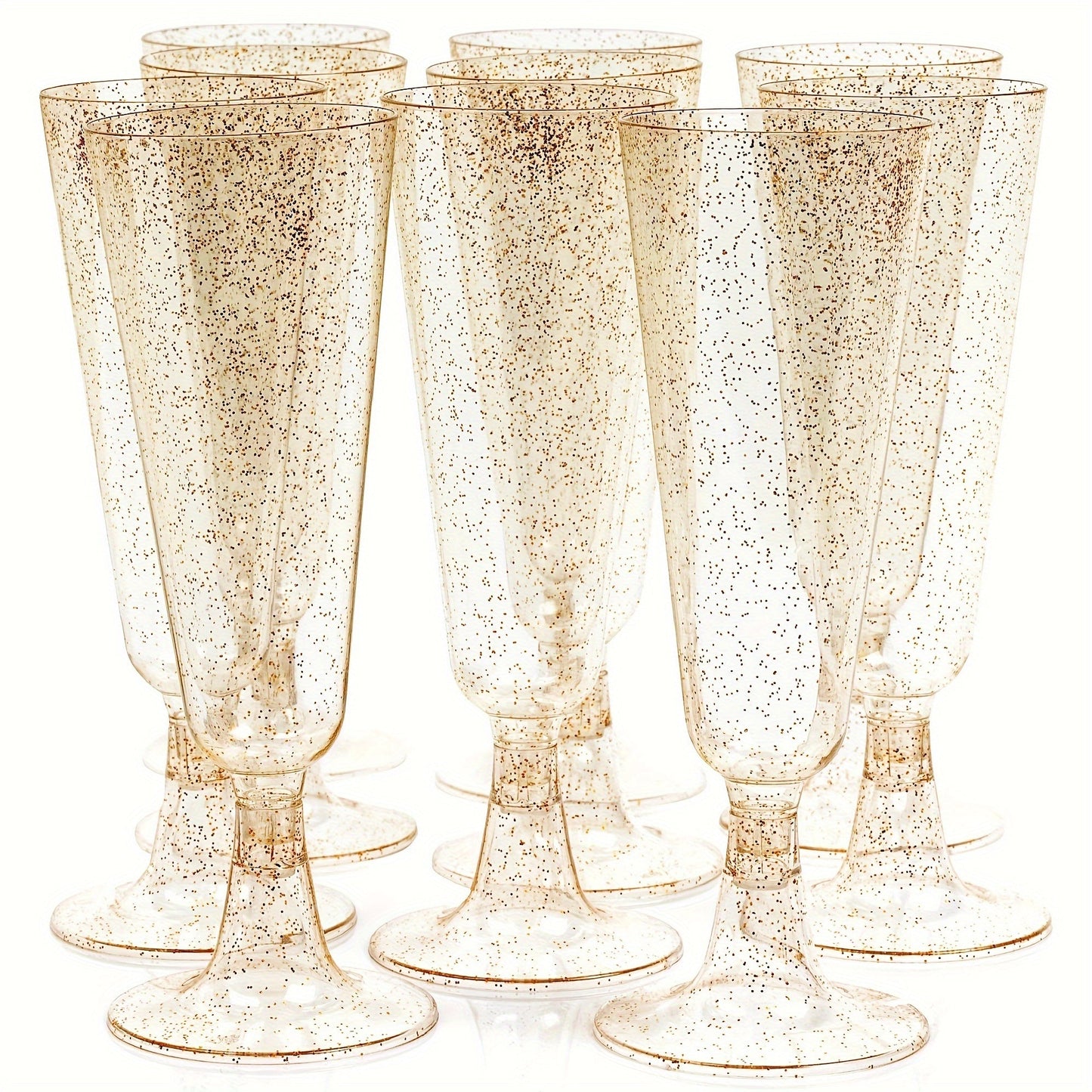 25 pieces of Golden Glitter 5oz Plastic Champagne Flutes, Clear and Eco-Friendly Toasting Glasses for Weddings, Anniversaries, and Garden Parties - Versatile Mimosa and Cocktail Cups