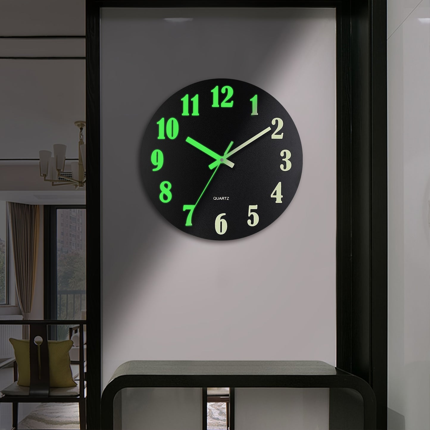 Black glow-in-the-dark wall clock with retro design and silent non-ticking mechanism. Features wooden frame, luminous green numbers for day and night display. Ideal for living room, bedroom, kitchen, or office decor. Batteries not included.