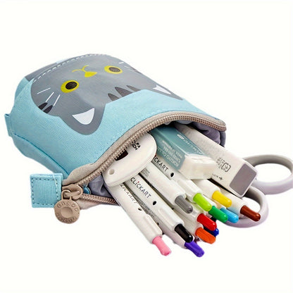 Canvas cat pencil case with zippered expandable design, 2-in-1 telescopic pouch for students.