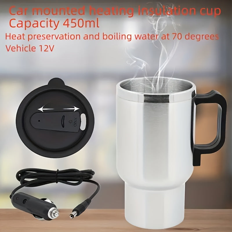 Stainless steel car electric heating cup with handle and lid, 12V/24V compatible for hot beverages on the go.