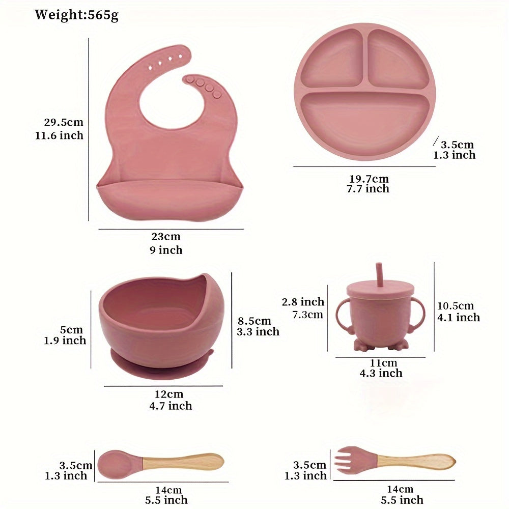 Snail Bowl, Bib, Duckbill Cup, Plate, Wooden Spoon & Fork - Red Silicone Tableware Set of 6 Pieces for Feeding