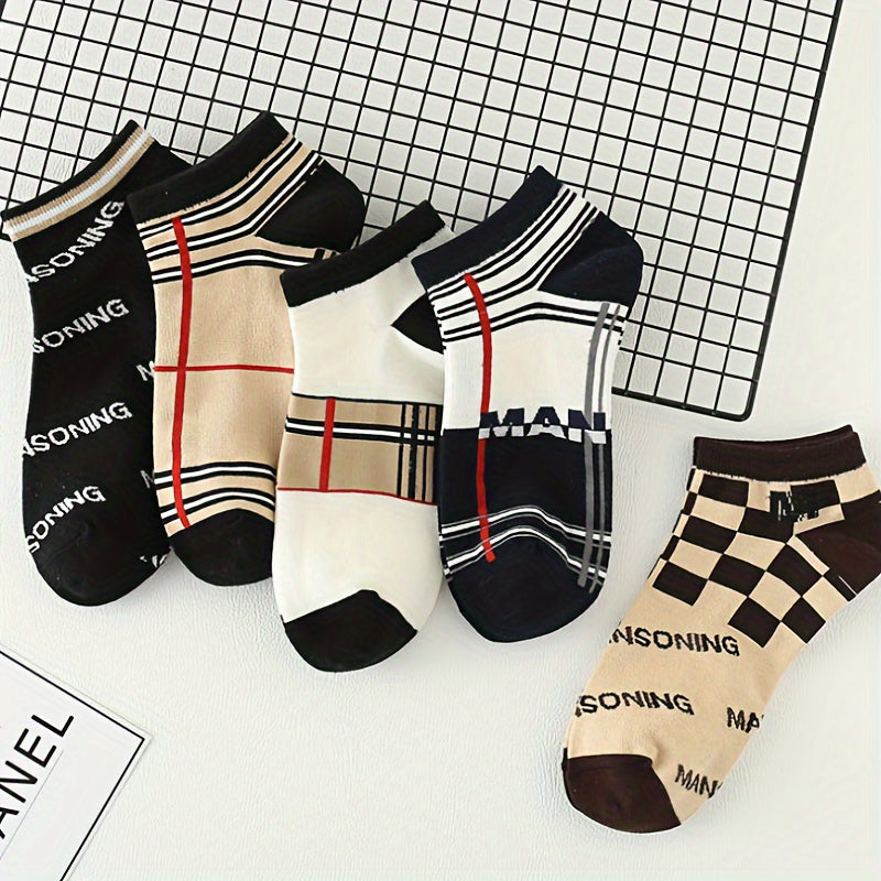 10 pairs of men's stylish ankle socks with letter pattern, made from breathable polyester blend.