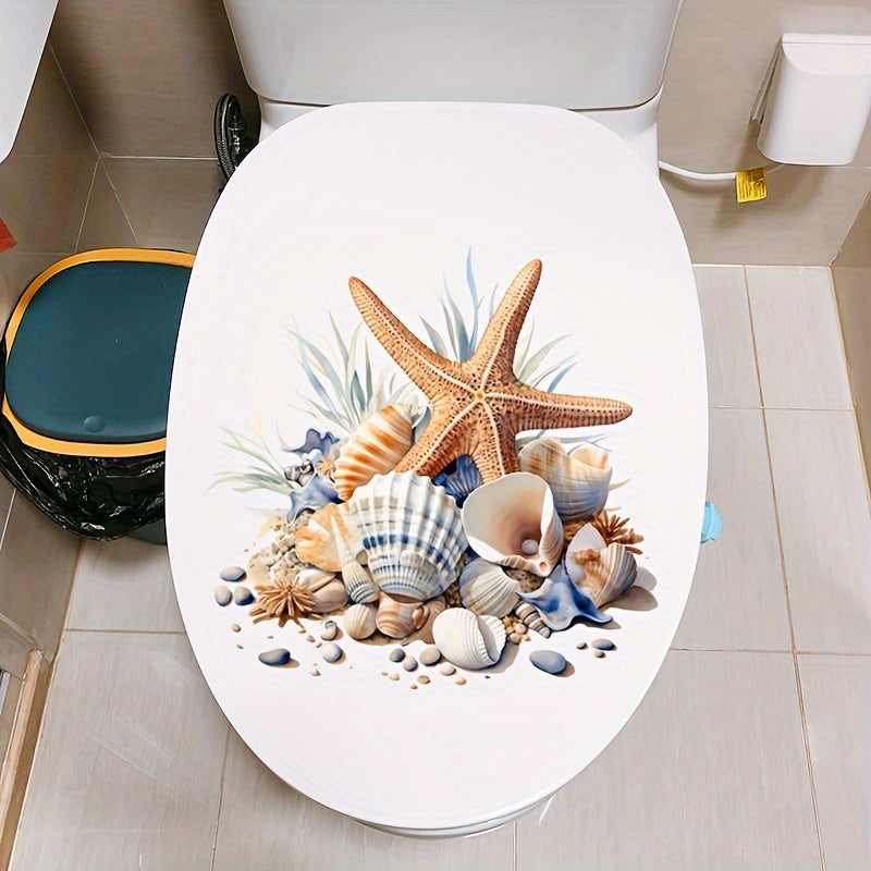 Waterproof toilet sticker with oceanic design: starfish and seashell, self-adhesive PVC, matte finish. Perfect for bathroom decor, easy application on tank and lid. Great Christmas or Halloween gift decoration.