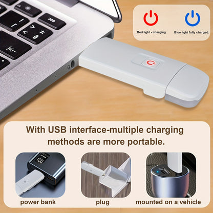 USB rechargeable book light with clip-on design, lithium battery, push button control, downlight, wall mountable, eye-care features.