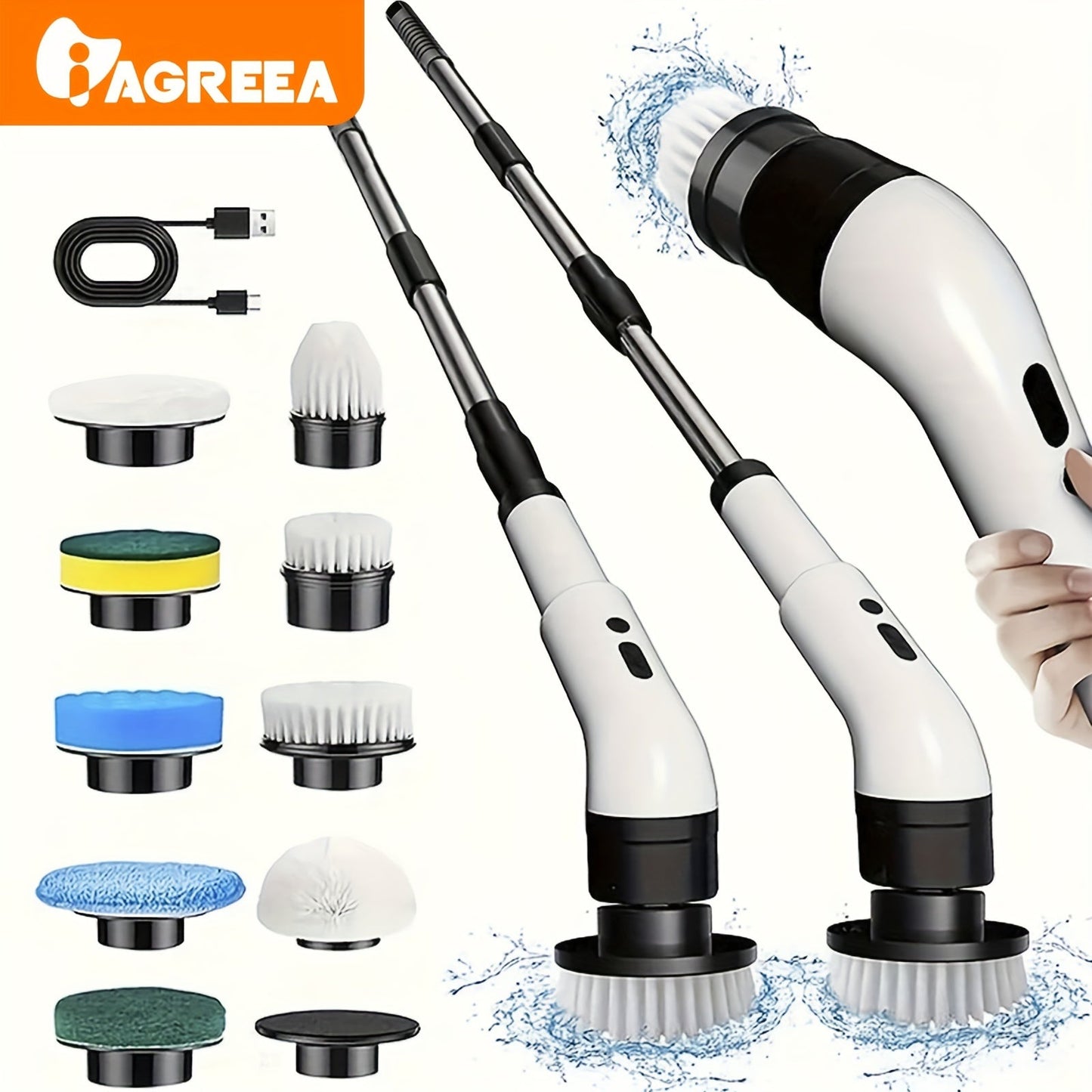 Introducing the IAGREEA Electric Rotating Washer, an innovative cleaning tool with 3 adjustable speeds. This cordless electric rotating brush comes with 9/6 interchangeable brush heads and an adjustable extended handle. Perfect for cleaning tiles