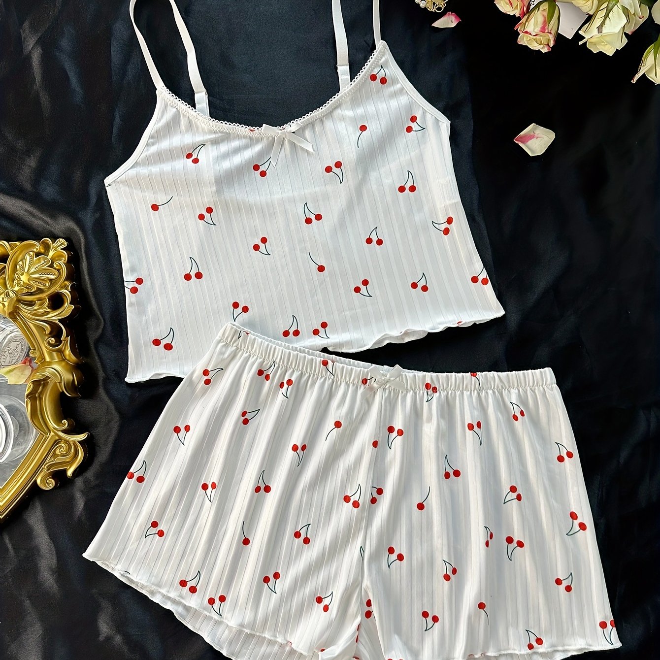 Cami top and shorts set with cherry print, perfect for sleep and lounge wear.