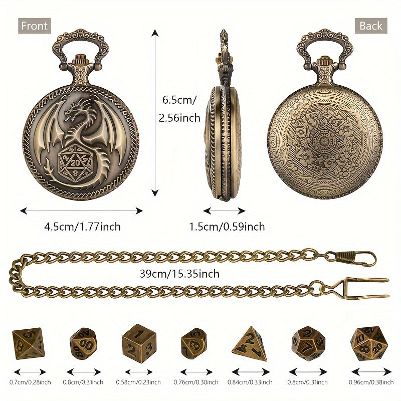 Vintage Dragon Alloy Pocket Watch with Chain and 7-Piece Dice Set - Perfect for Role-Playing Games