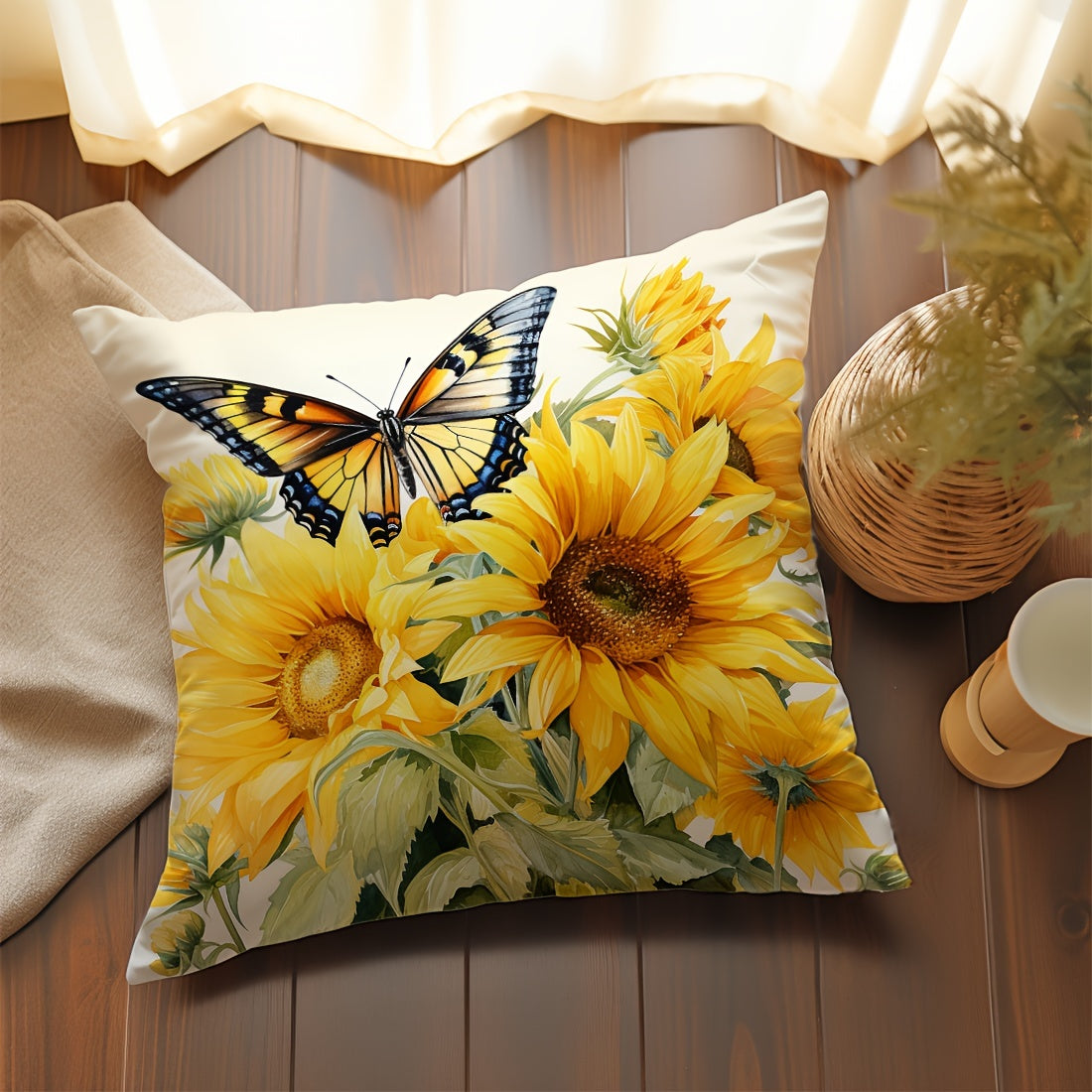 One piece of Sunflower Butterfly Design throw pillow cover made of Peach Skin Velvet material, measuring 45x45cm. Perfect for decorating your car, living room sofa, bedroom, or bedside backrest. Features a single side print design. Pillow inner not