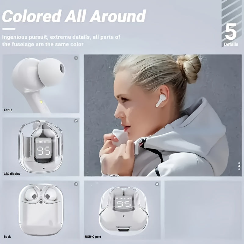 Transparent wireless earbuds with LED display, semi-open-back design, USB-C charging, condenser mic, lithium polymer battery, media control, for adults - charger not included.