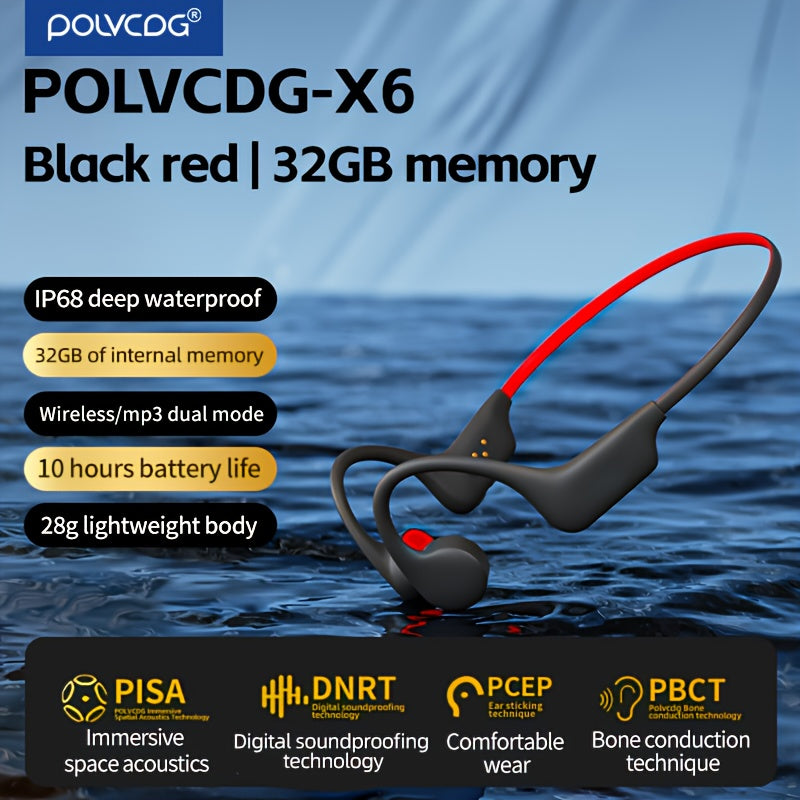 POLVCDG X6 Wireless Bone Conduction Headphones with IPX-8, 10H Battery, 32GB Memory, Lightweight design, Sound Isolation, Volume Control, and Condenser Mic. Suitable for Swimming, Cycling