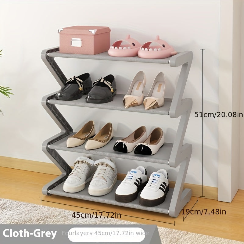 Z-Shaped shoe rack with 4 tiers, plastic, easy assembly, stackable for home or dorm room.