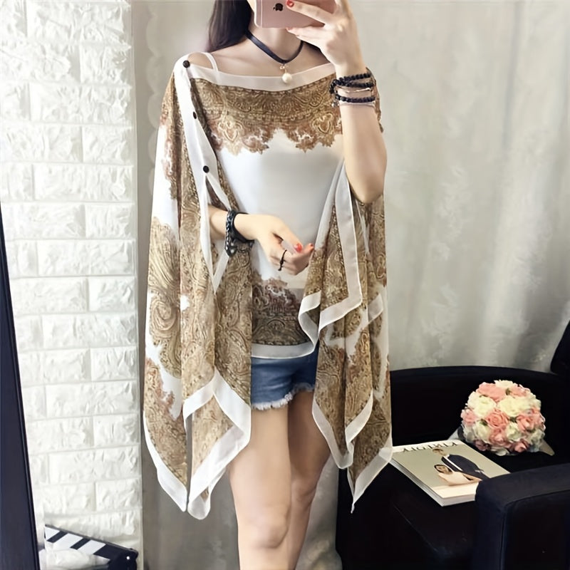 Bohemian style floral print chiffon shawl for women, a large-size beach cover-up with UV protection, perfect for vacation.