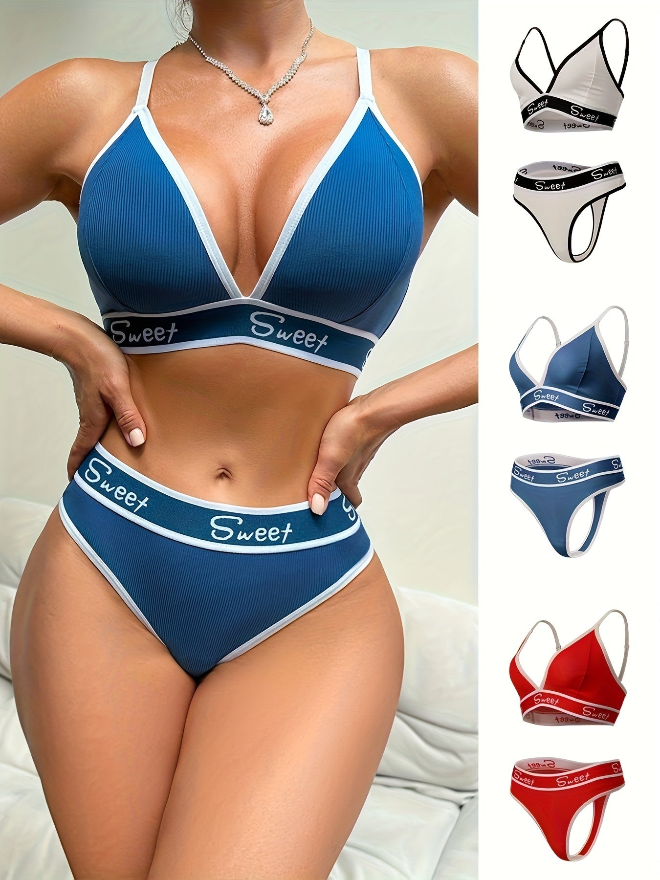 3-piece sporty lingerie set for women includes triangle cup bra, thong, and panties made of breathable polyester blend, non-see-through material suitable for active movement.