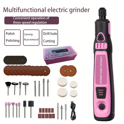 Cordless mini electric grinder set in pink with 3-speed rotary tool kit, rechargeable lithium battery. Portable machine for polishing, carving, engraving, and drilling on jade, wax, and