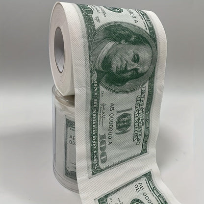 A humorous $100 bill toilet paper roll featuring money pattern design. Made of wood pulp paper tissue, this novel gift is perfect for household cleaning supplies, party supplies, party decor, home decor, or as a unique holiday gift.