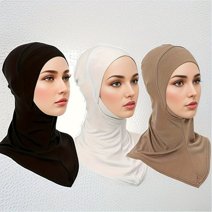 3 Elastic Modal Instant Hijab Caps for Women - Soft, Stretchy, Solid Color Head Wraps with Snap Closure - Ideal for Ramadan & Casual Attire - Breathable Polyester, No Feathers