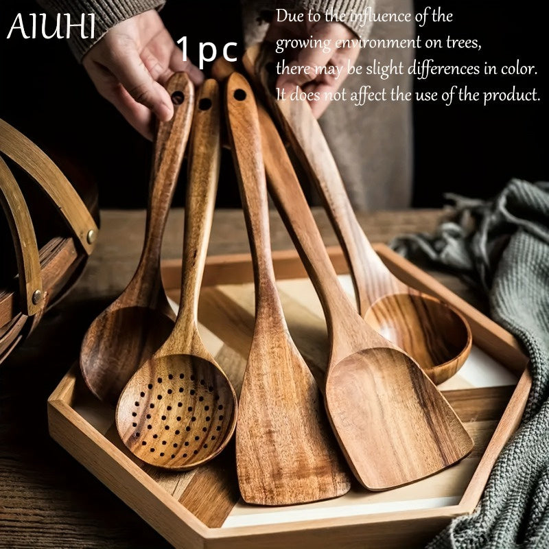 Wooden kitchen utensil set with non-stick spatula, soup spoon, and spoon combo. Durable and high quality for healthy cooking, at a low price. Retailers can be unreliable.