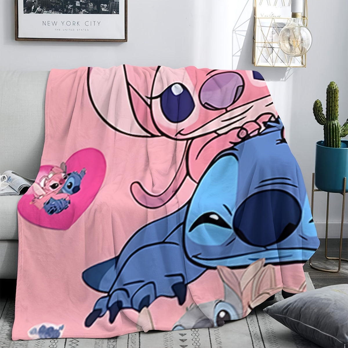 Pink Heart Stitch Cartoon Blanket - Multi-functional Knit Polyester Throw suitable for Every Season, Ideal for Bedroom, Couch, Car, and Journey