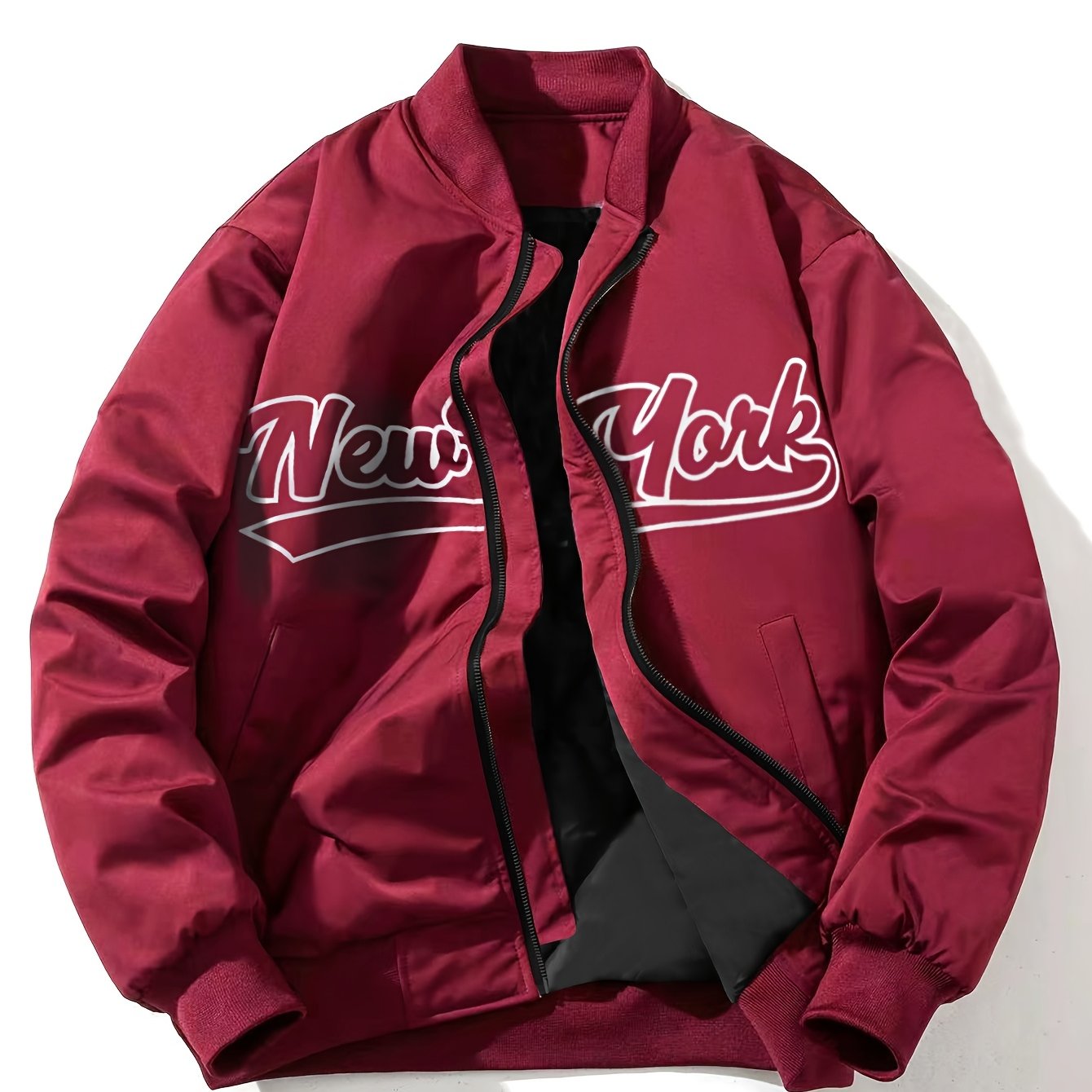 One Men's Casual Bomber Jacket made of 100% lightweight polyester with letter print, baseball collar, long sleeves, regular fit, pockets, and zippered front - suitable for daily and leisure