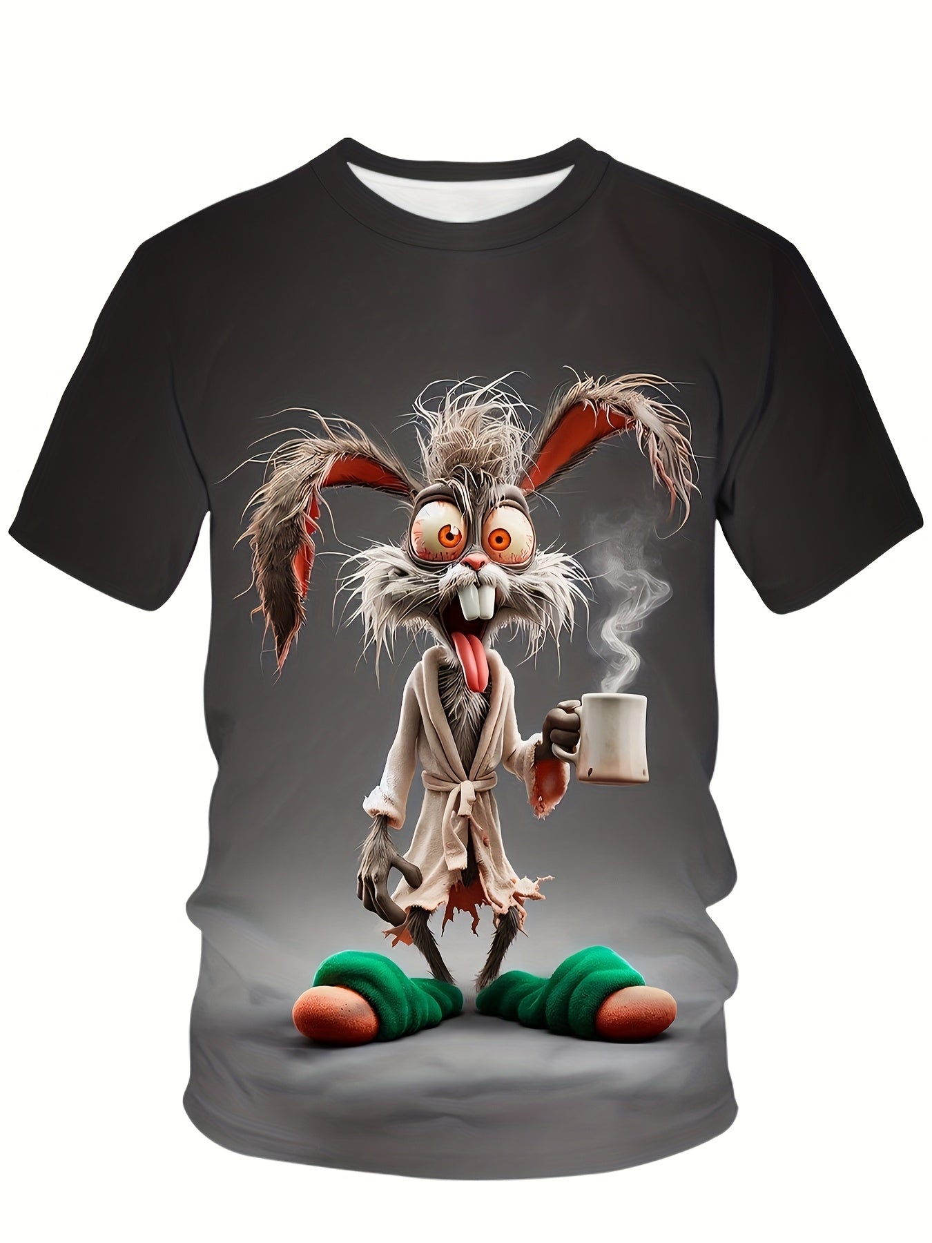 Men's plus size whimsical rabbit 3D print t-shirt for casual streetwear in stretchy polyester blend prefect for summer outings. Oversized round neck short sleeve tee, ideal for vacations.