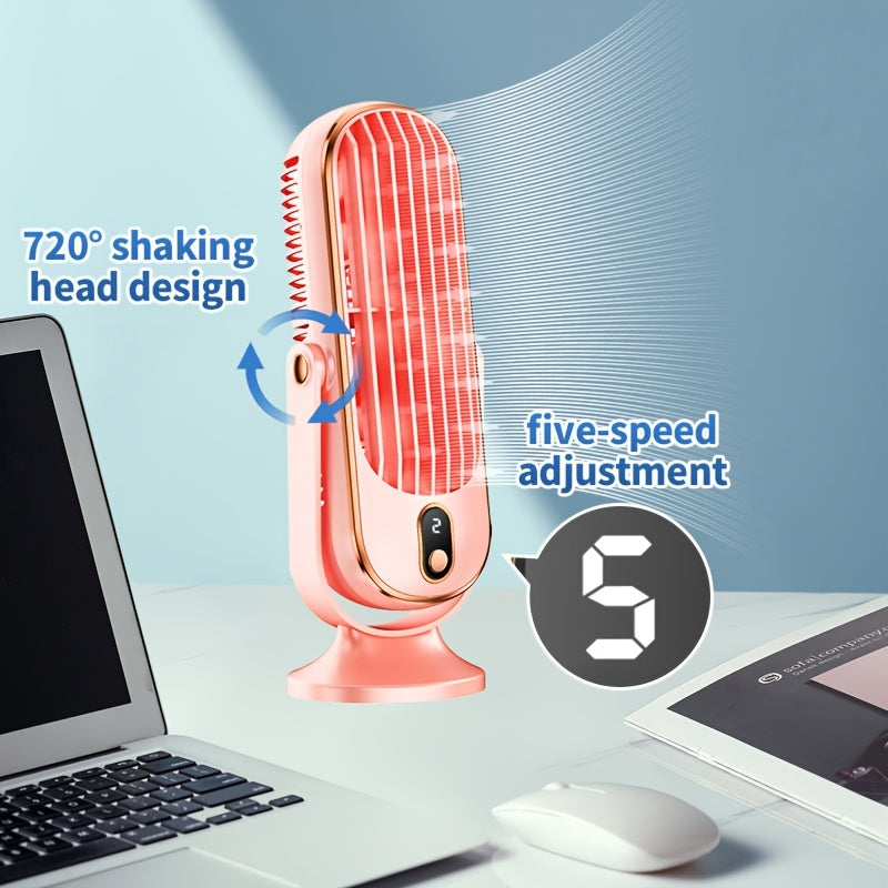 Get maximum airflow with the 720° Oscillation Table Fan, featuring dual motors for powerful performance. This portable fan offers 5-speed settings for quiet operation and is made of sturdy plastic material. With USB charging and a built-in lithium